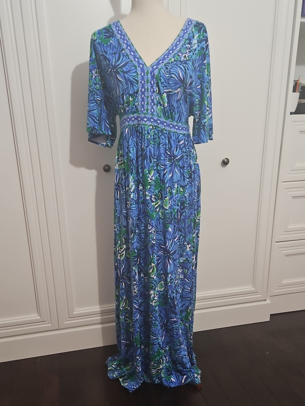 Lilly Pulitzer Blue & Green Floral V-Neck Maxi Dress